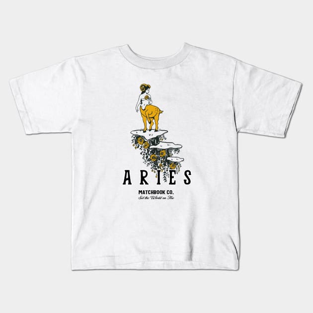 "Aries Matchbook Co: Set The World On Fire" Cool Zodiac Art Kids T-Shirt by The Whiskey Ginger